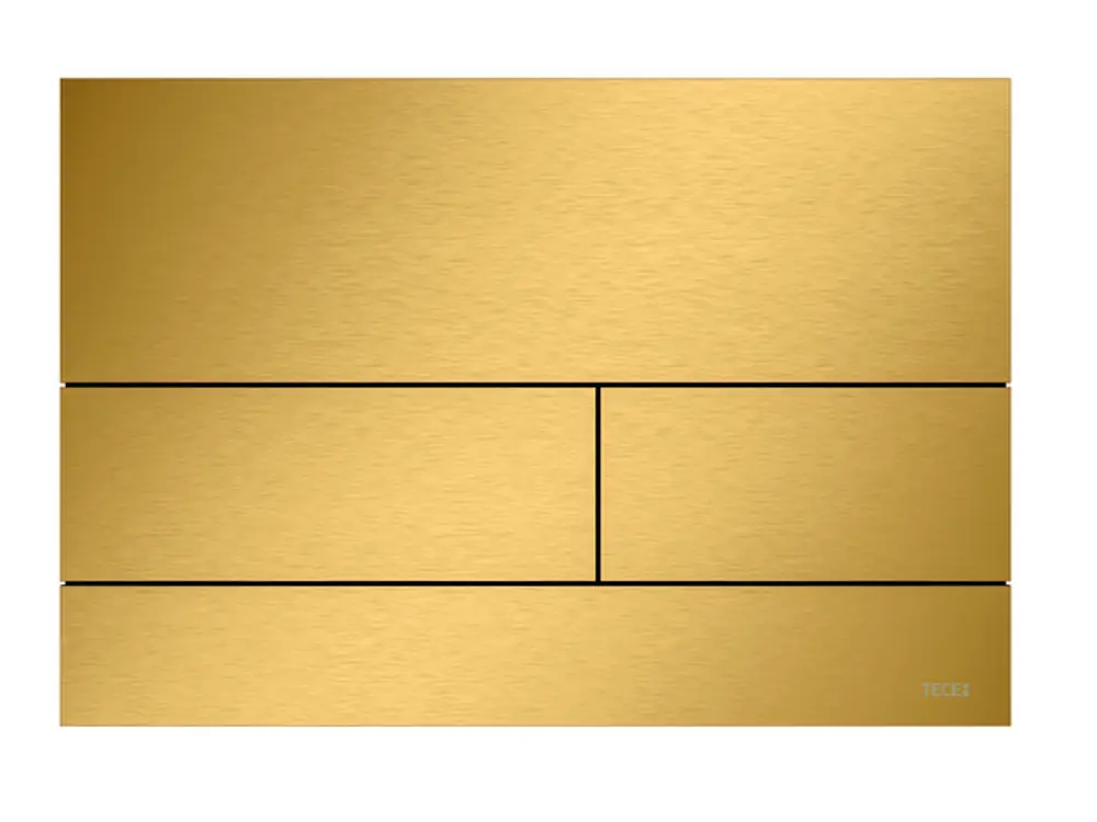 TECE-WC-Betätigungsplatte in Gold-Optik, gebürstet, mit horizontalen und vertikalen Feldern für zwei Mengentechnik. Design schlicht und funktional.